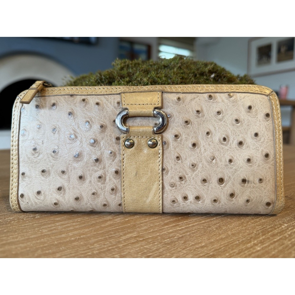 VTG Genuine Leather Wallet Ostrich Embossed Beige Quiet Luxury Card Holder Coin